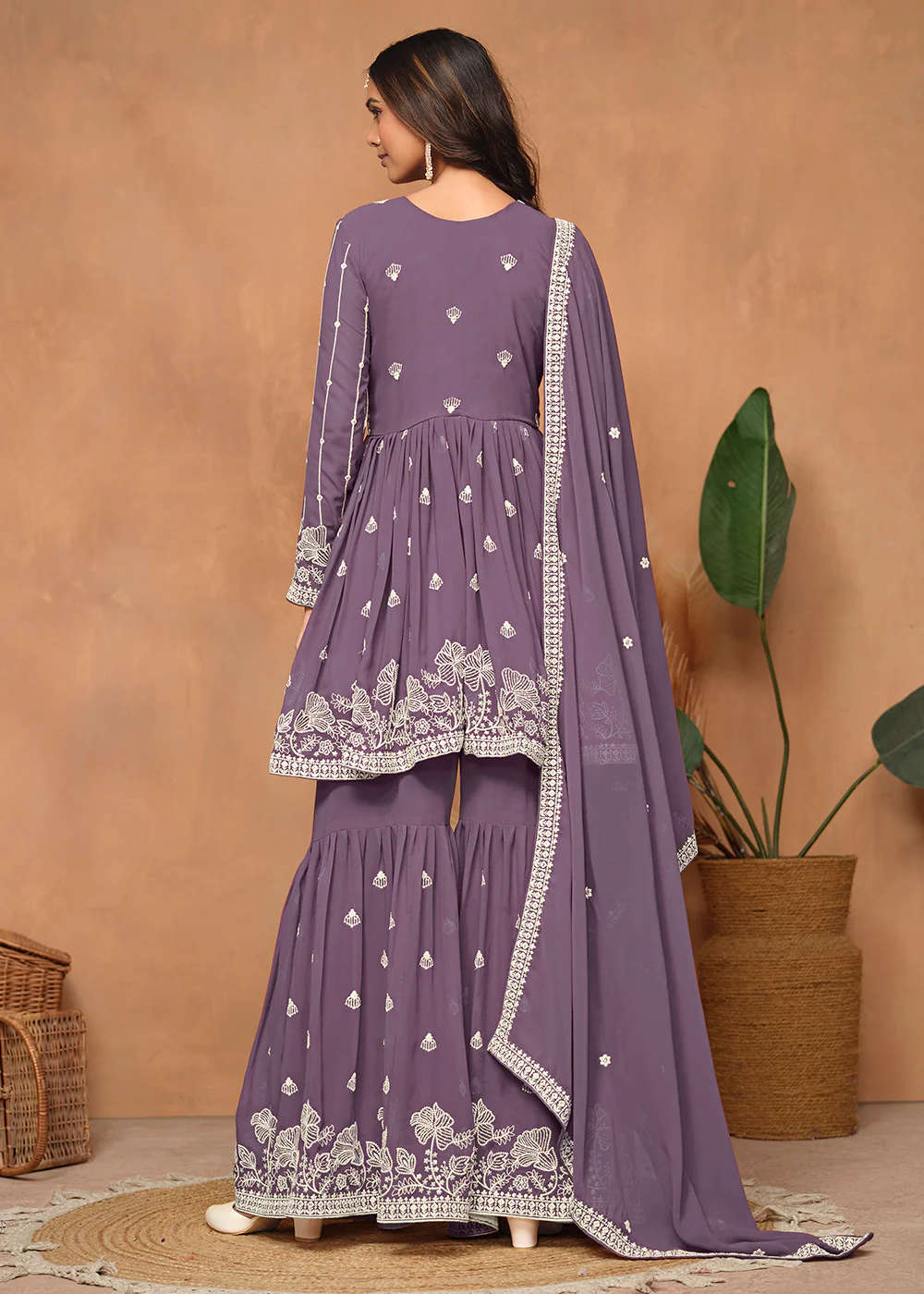 Festive Style Dusty Purple Embroidered Gharara Suit - Image 3