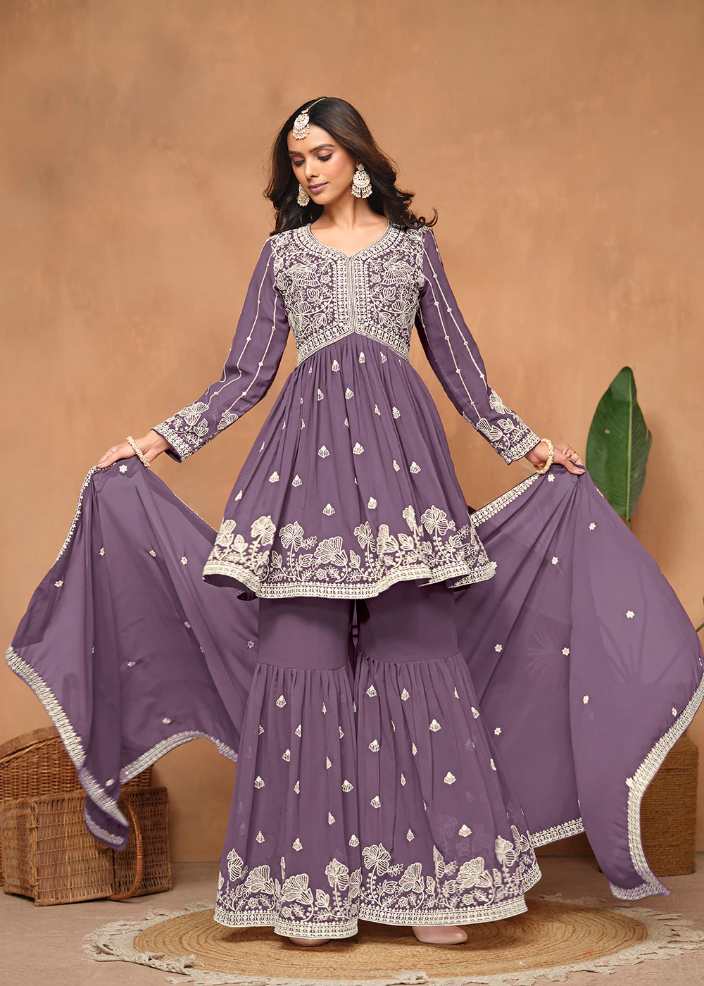 Festive Style Dusty Purple Embroidered Gharara Suit - Image 4