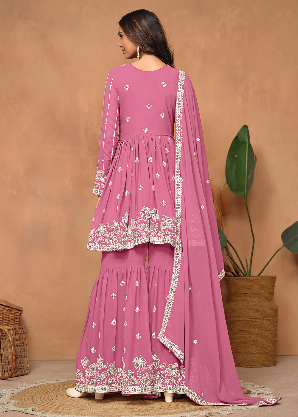Festive Style Flamingo Pink Embroidered Gharara Suit - Image 3