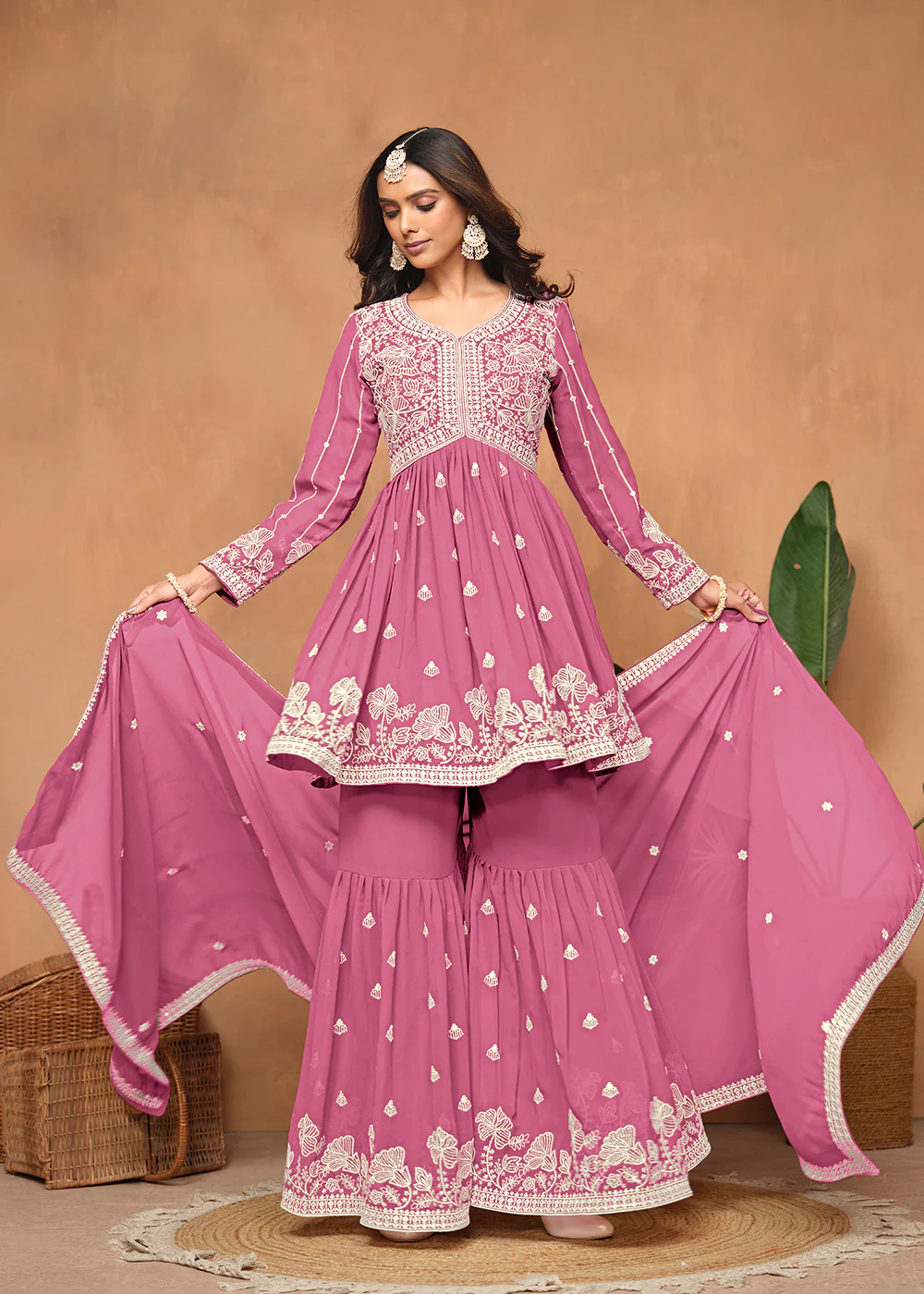 Festive Style Flamingo Pink Embroidered Gharara Suit - Image 4