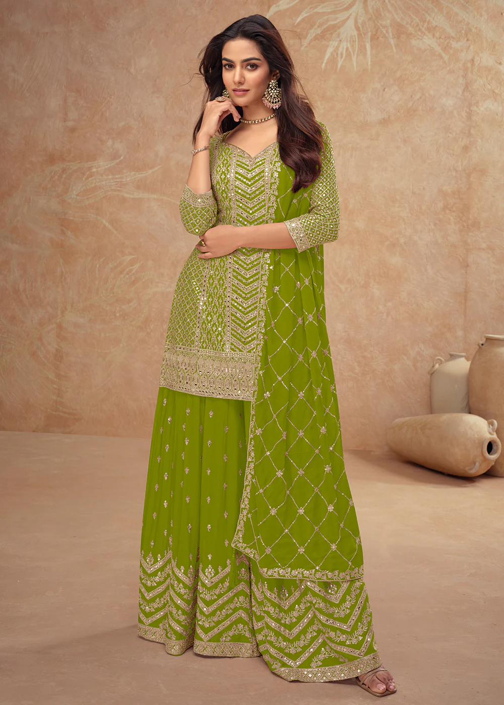 Festive Style Green Embroidered Palazzo Dress for Weddings