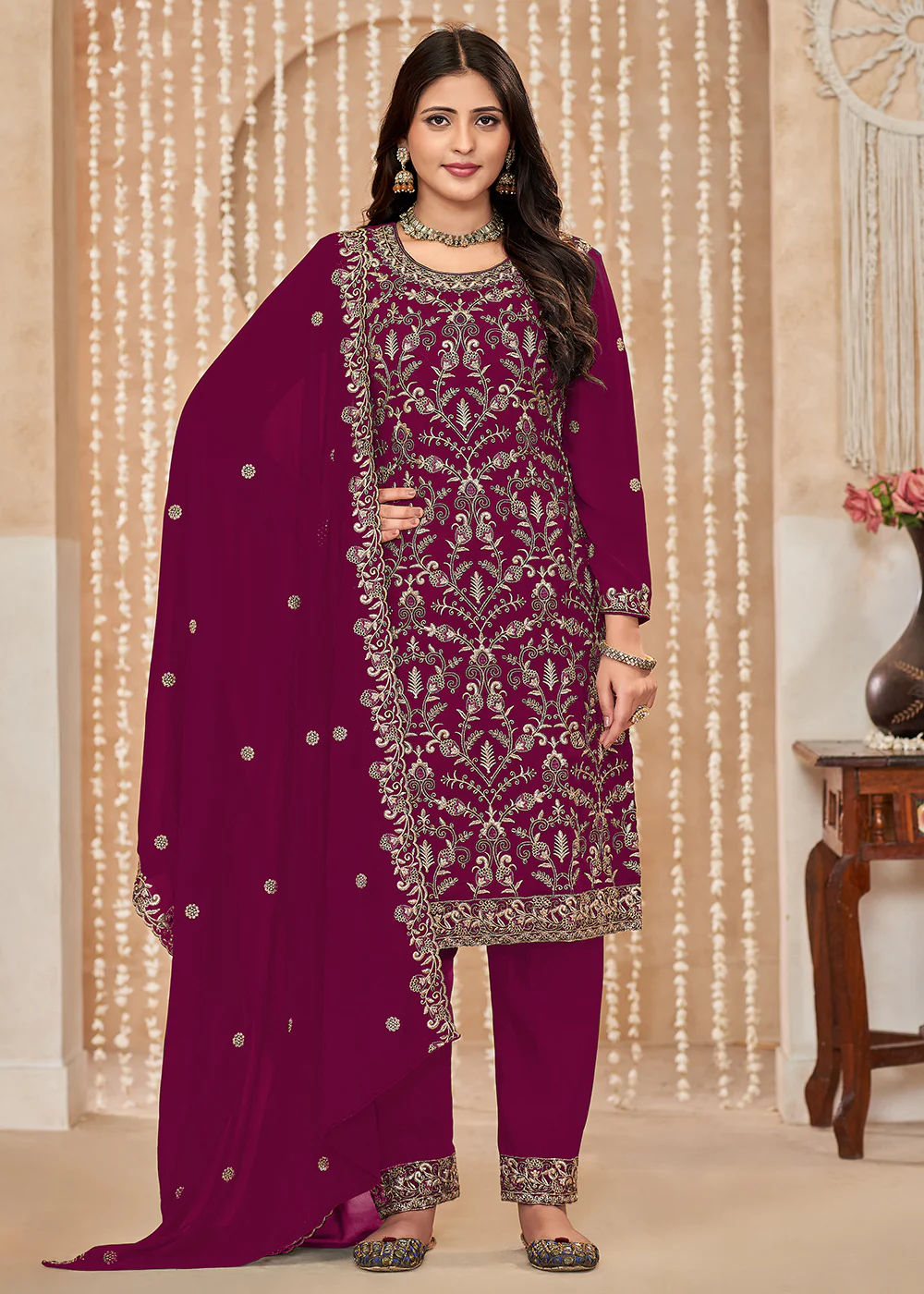 Festive Style Magenta Zari Embroidered Salwar Suit - Image 3
