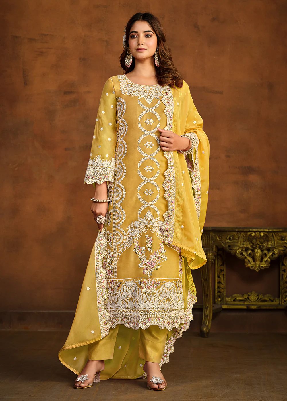 Festive Style Mustard Soft Organza Pant Style Salwar Suit - Image 3