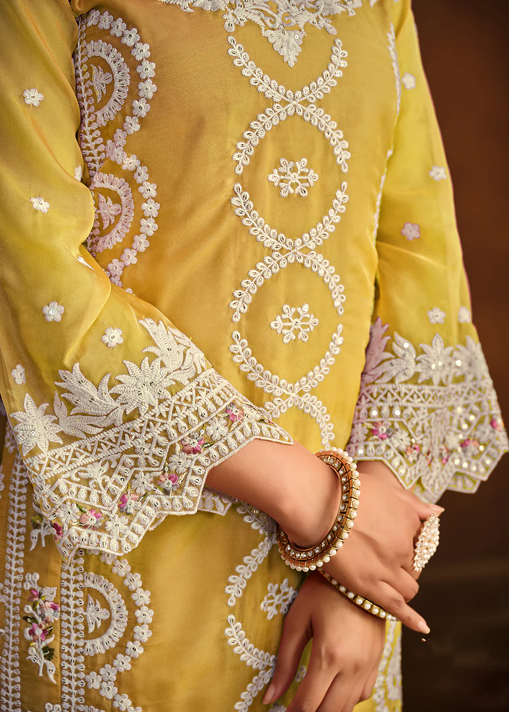 Festive Style Mustard Soft Organza Pant Style Salwar Suit - Image 4