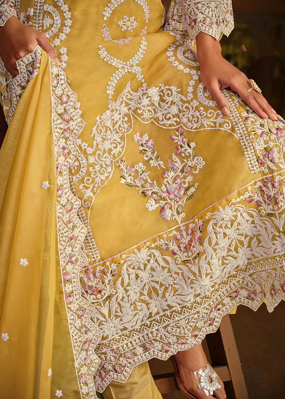Festive Style Mustard Soft Organza Pant Style Salwar Suit - Image 5