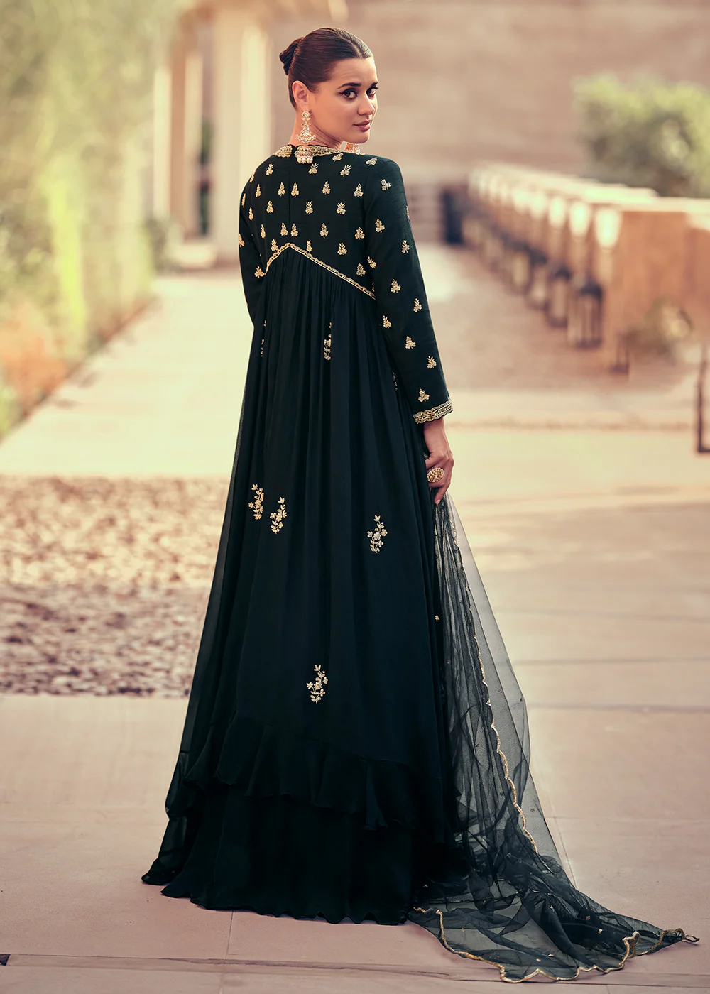 Festive Style Pine Green Embroidered Chinnon Anarkali Suit - Image 3