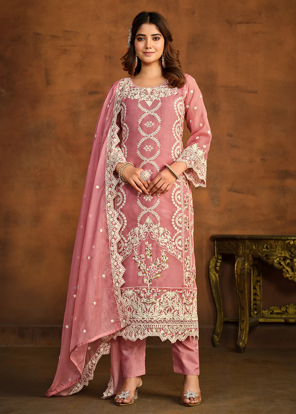 Festive Style Pink Soft Organza Pant Style Salwar Suit