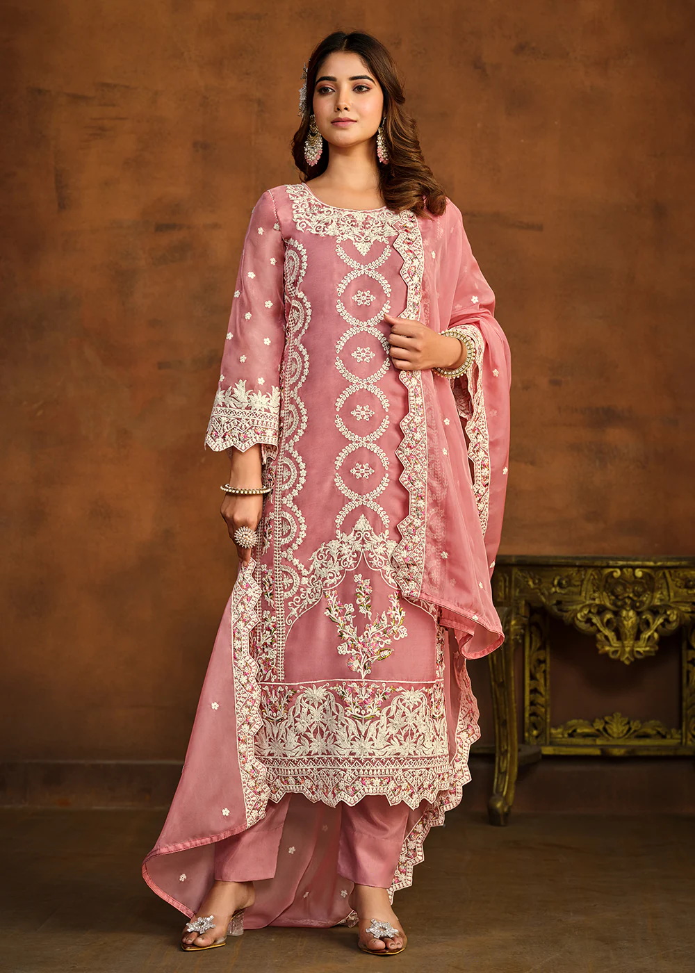 Festive Style Pink Soft Organza Pant Style Salwar Suit - Image 3