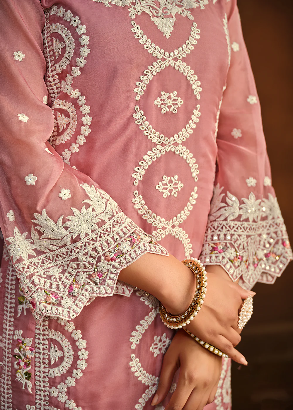 Festive Style Pink Soft Organza Pant Style Salwar Suit - Image 4