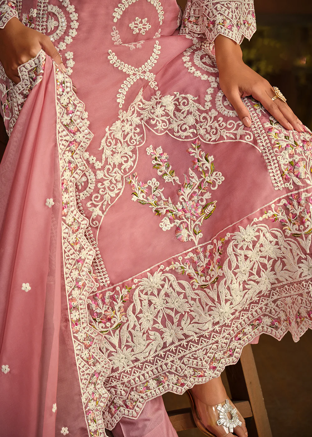 Festive Style Pink Soft Organza Pant Style Salwar Suit - Image 5