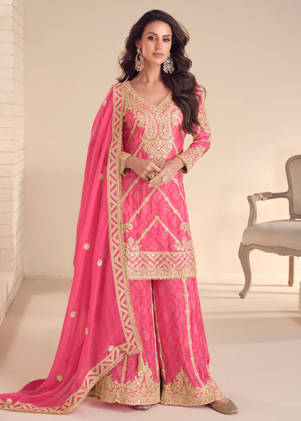 Festive Style Printed Pink Embroidered Palazzo Suit