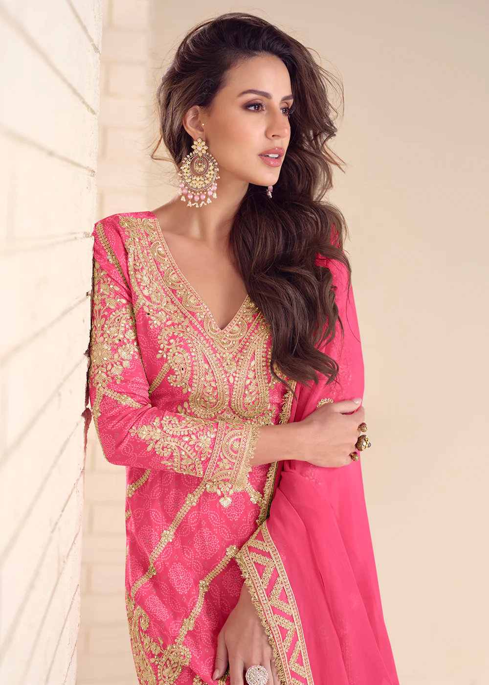Festive Style Printed Pink Embroidered Palazzo Suit - Image 2