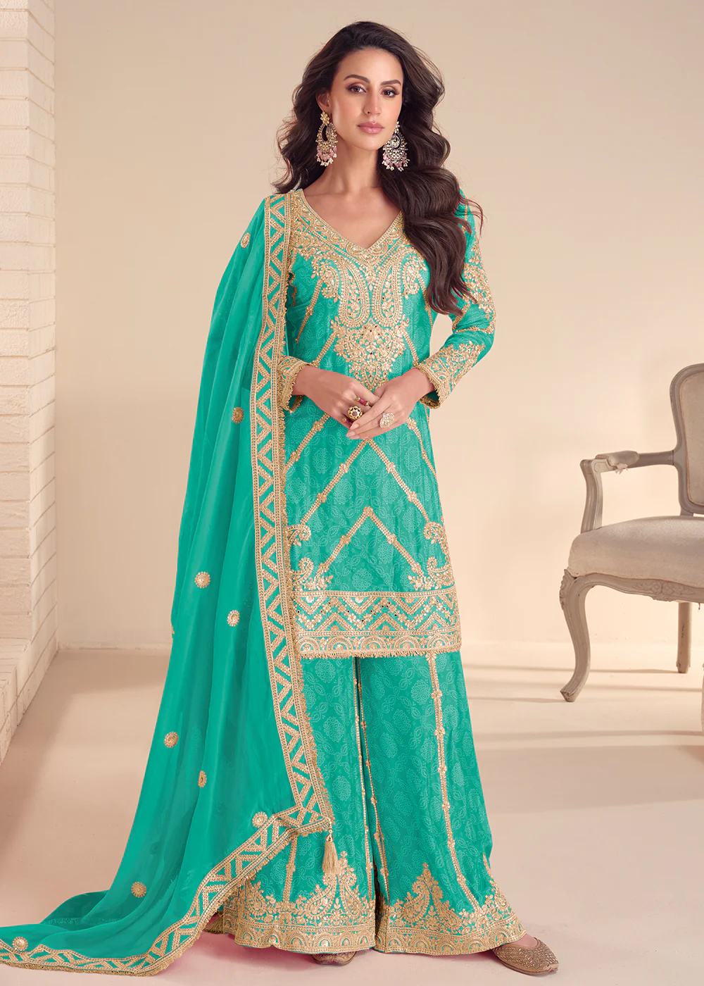 Festive Style Printed Turquoise Embroidered Palazzo Suit