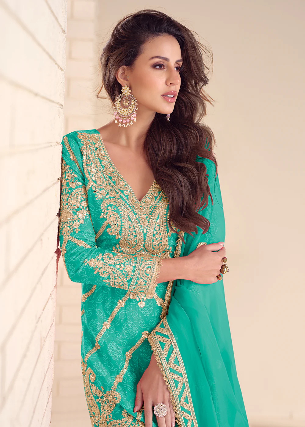 Festive Style Printed Turquoise Embroidered Palazzo Suit - Image 2