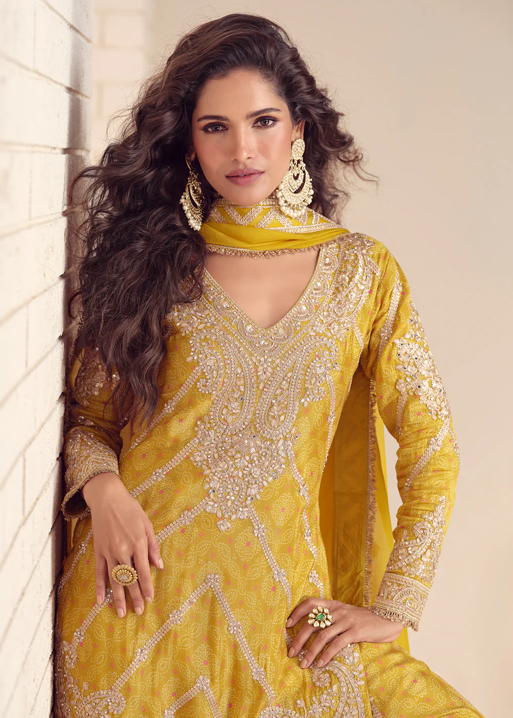 Festive Style Printed Yellow Embroidered Palazzo Suit - Image 2
