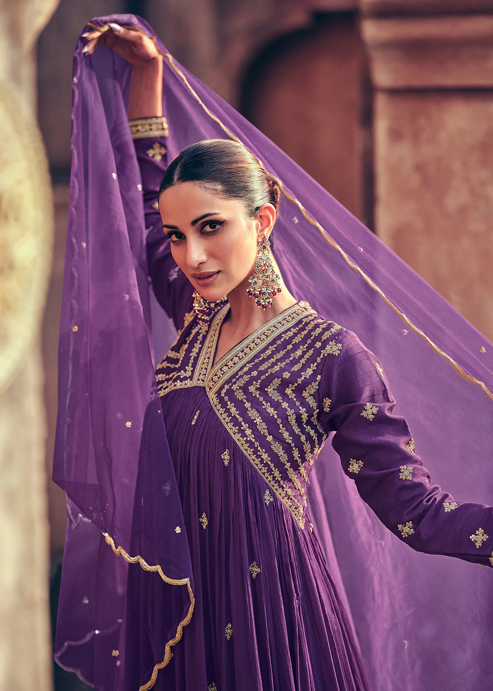 Festive Style Purple Embroidered Chinnon Anarkali Suit - Image 2