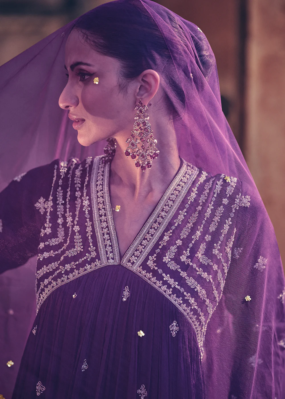 Festive Style Purple Embroidered Chinnon Anarkali Suit - Image 4