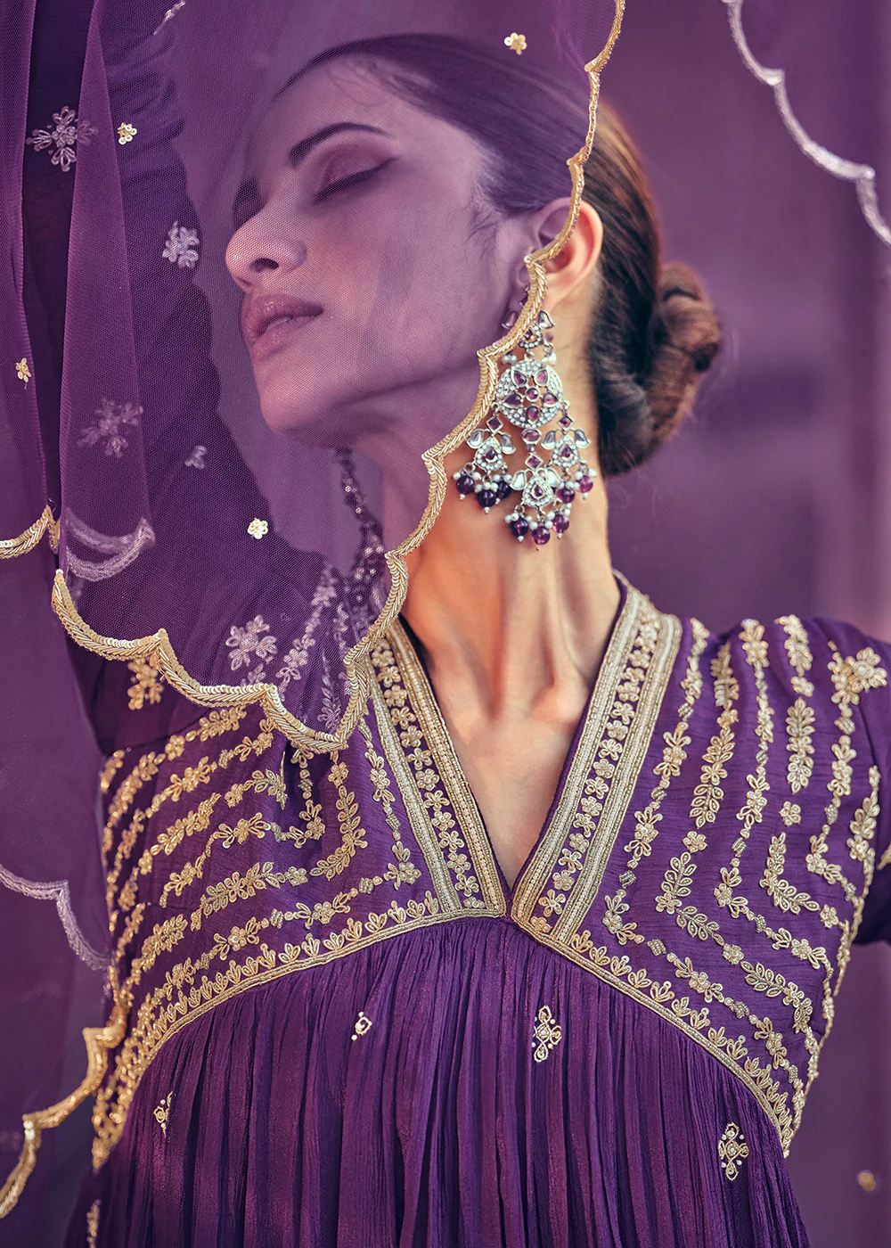 Festive Style Purple Embroidered Chinnon Anarkali Suit - Image 5