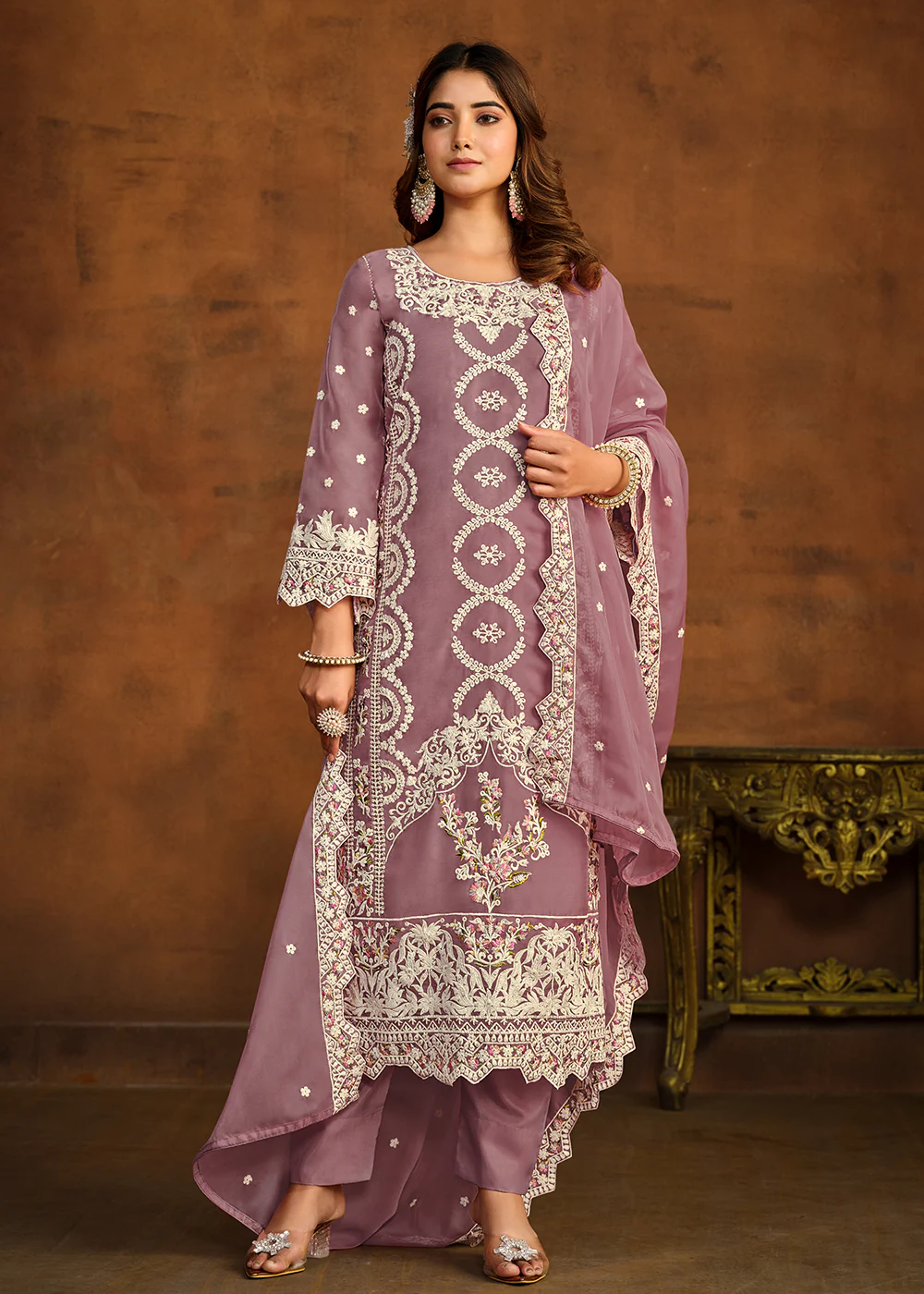 Festive Style Purple Soft Organza Pant Style Salwar Suit - Image 3