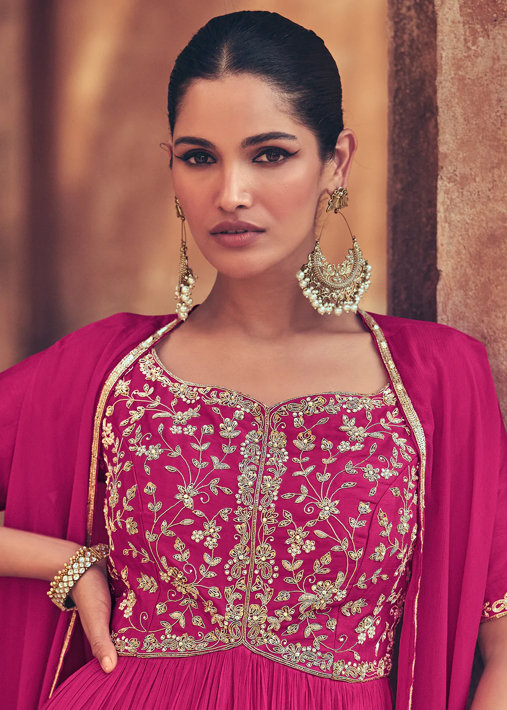 Festive Style Rani Pink Embroidered Chinnon Anarkali Suit - Image 2
