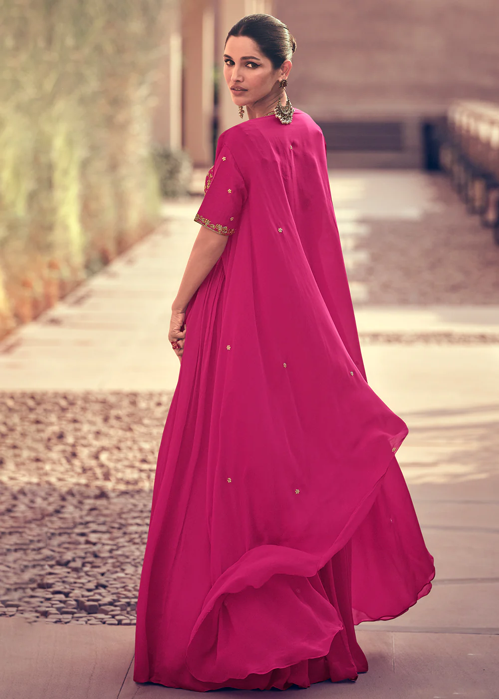 Festive Style Rani Pink Embroidered Chinnon Anarkali Suit - Image 3