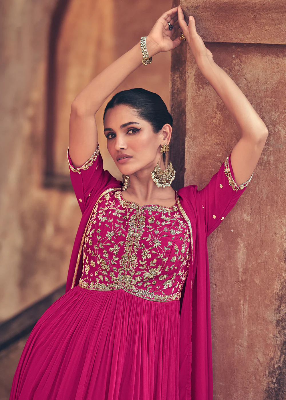 Festive Style Rani Pink Embroidered Chinnon Anarkali Suit - Image 4