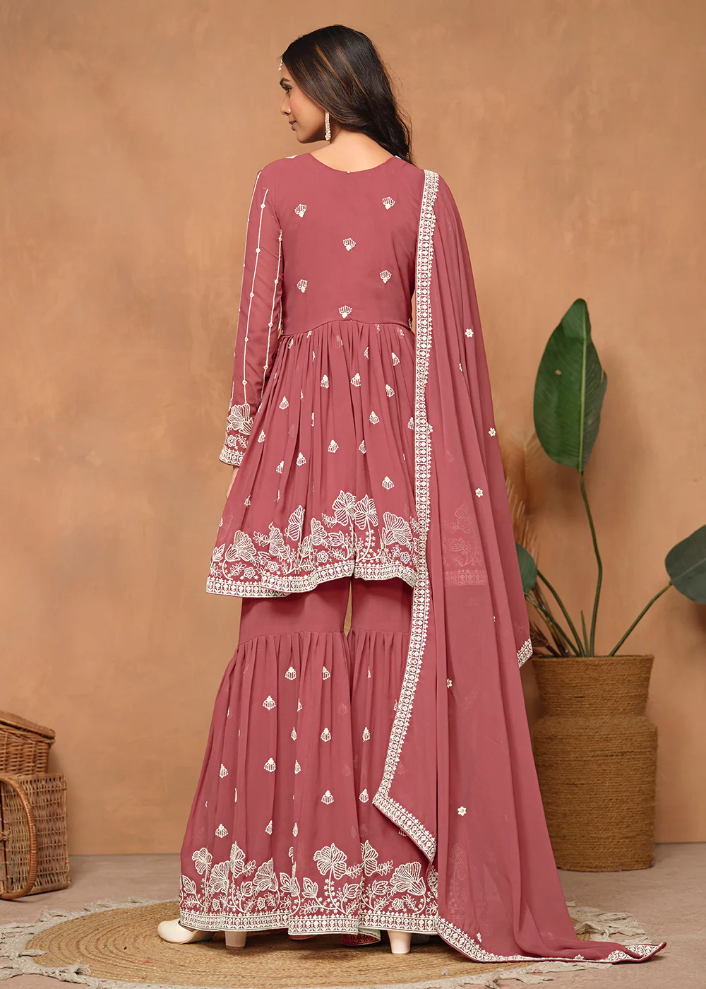Festive Style Salmon Pink Embroidered Gharara Suit - Image 3