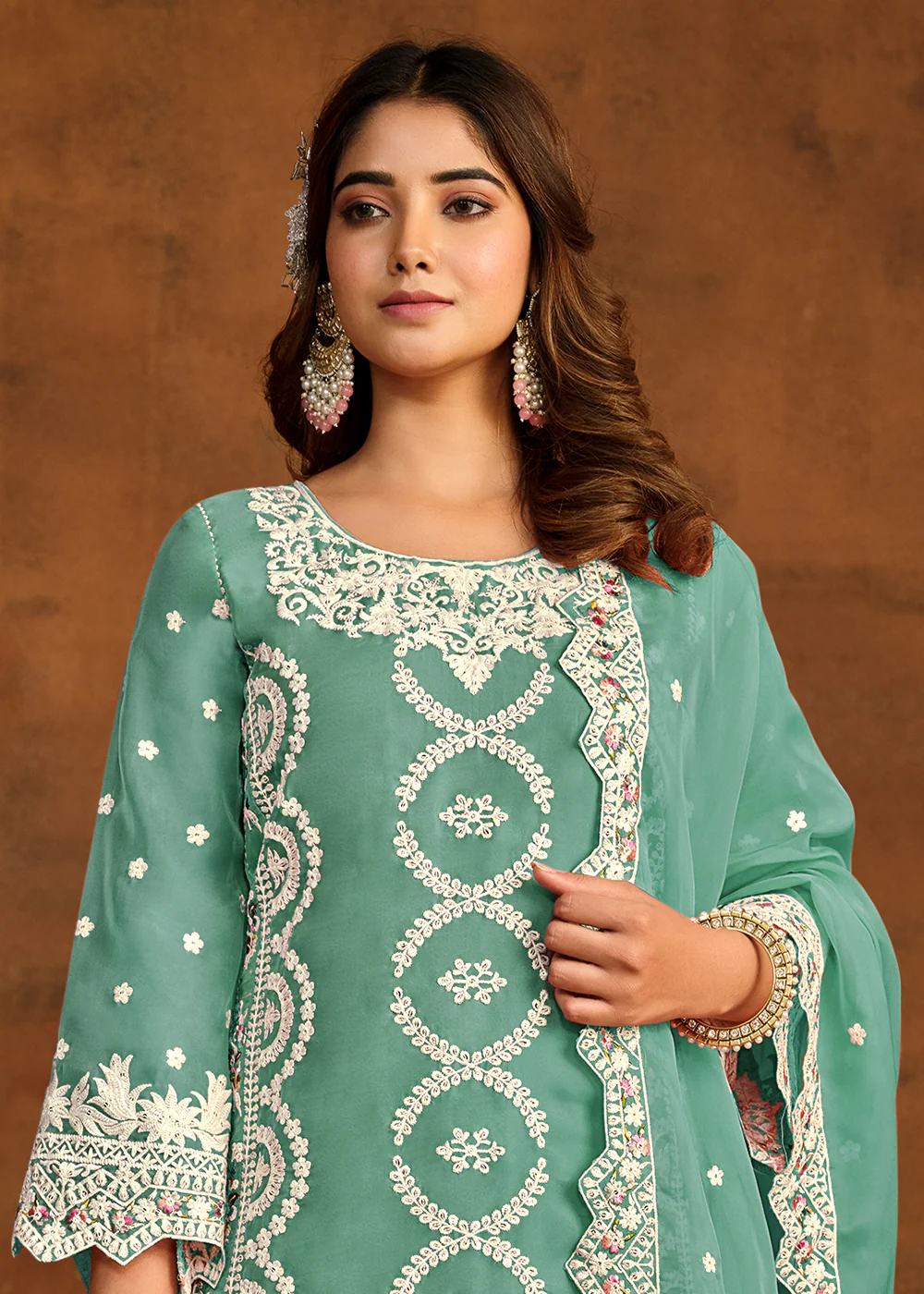 Festive Style Sea Green Soft Organza Pant Style Salwar Suit - Image 2