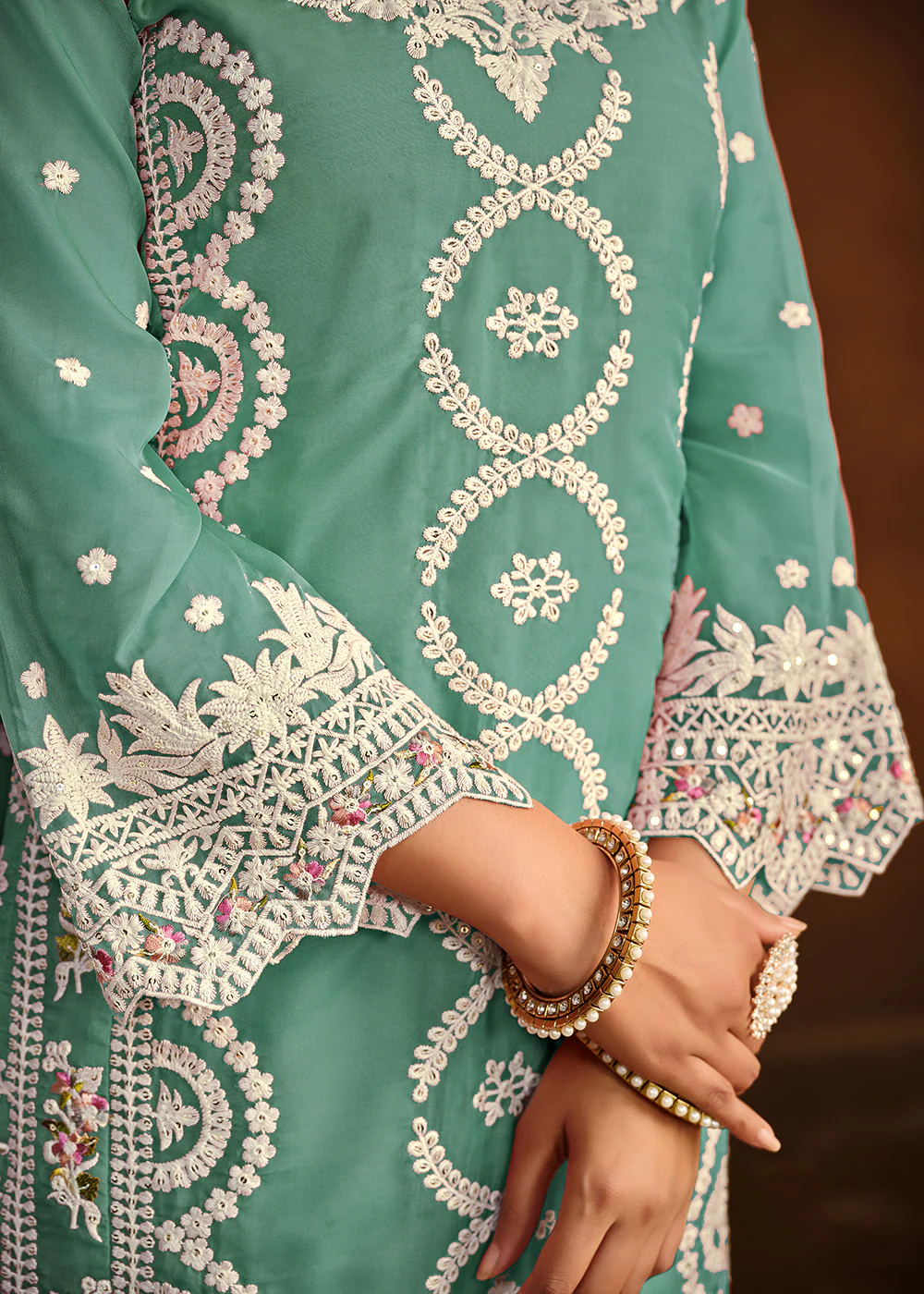 Festive Style Sea Green Soft Organza Pant Style Salwar Suit - Image 4