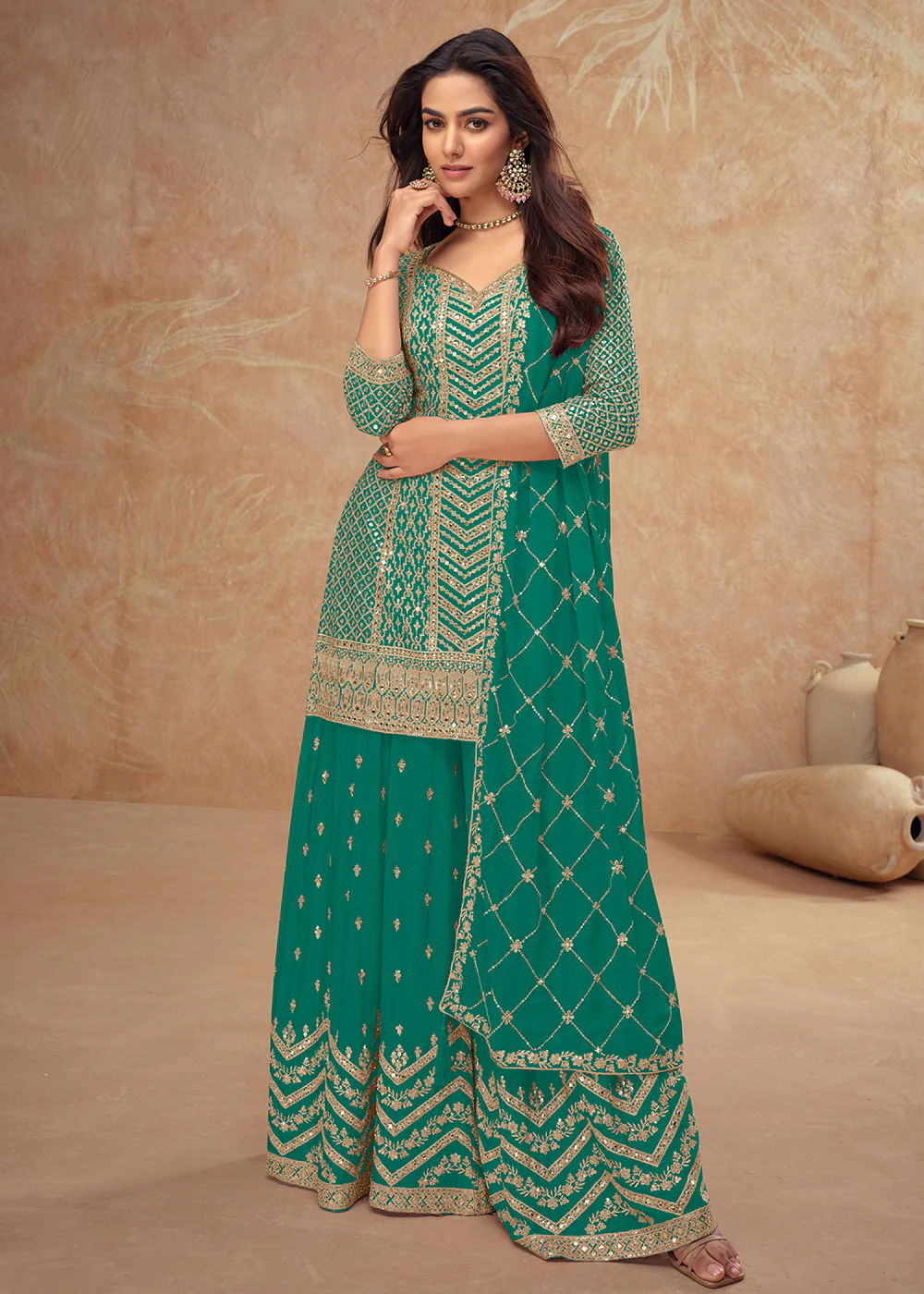 Festive Style Teal Embroidered Palazzo Dress for Weddings