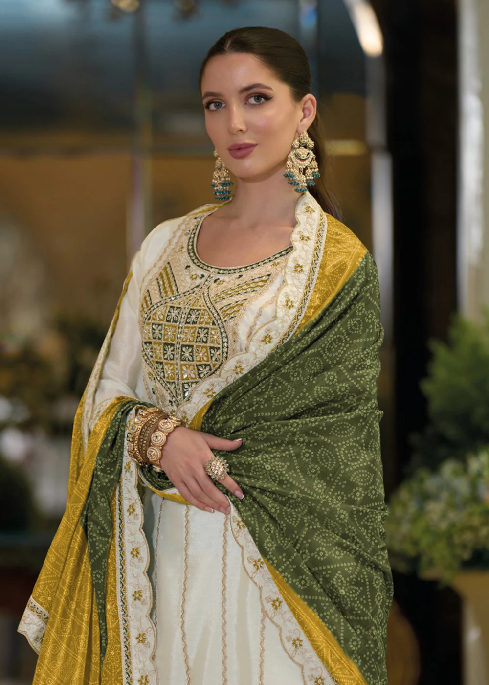 Festive Style White & Green Embroidered Palazzo Suit - Image 2