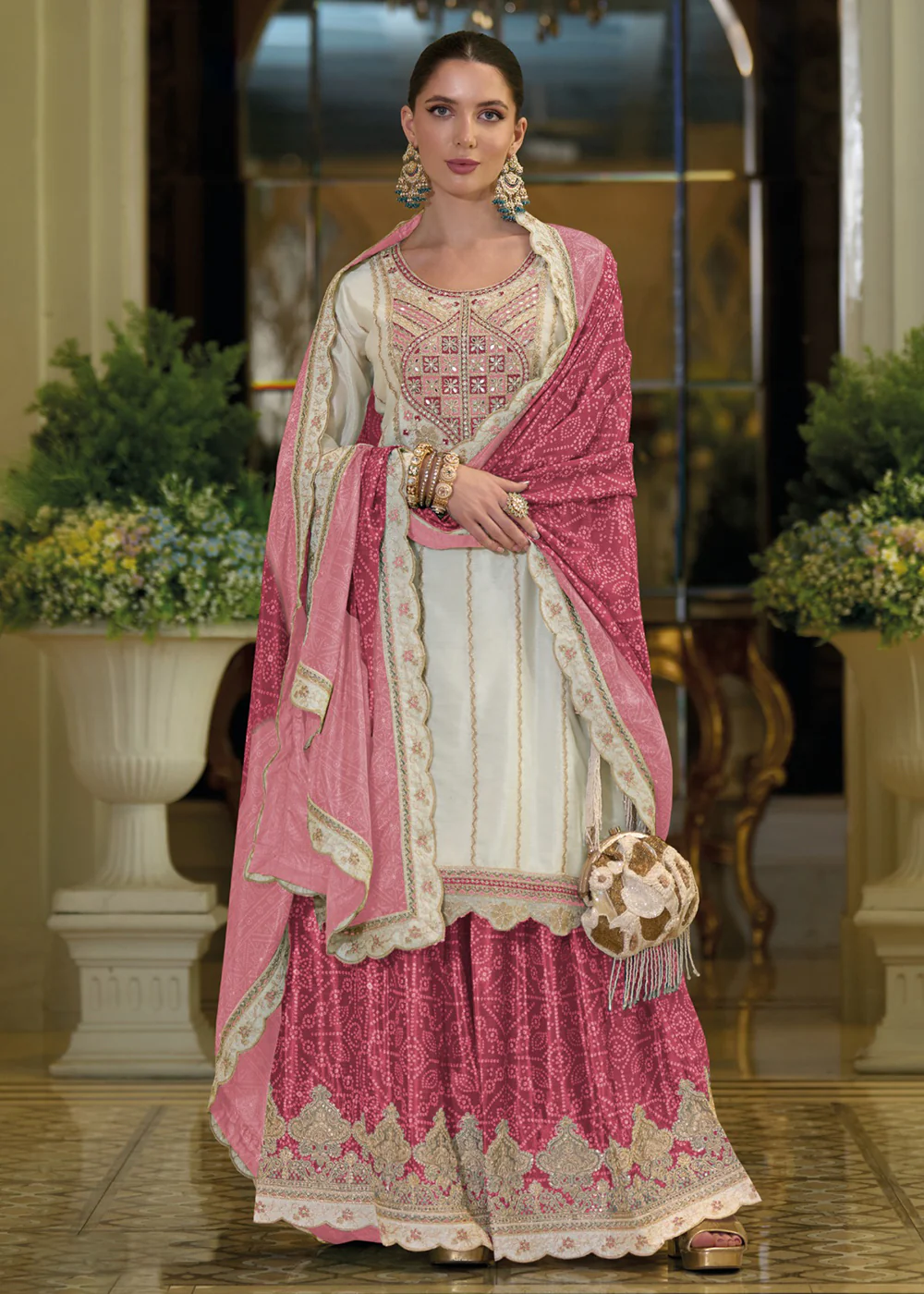 Festive Style White & Pink Embroidered Palazzo Suit