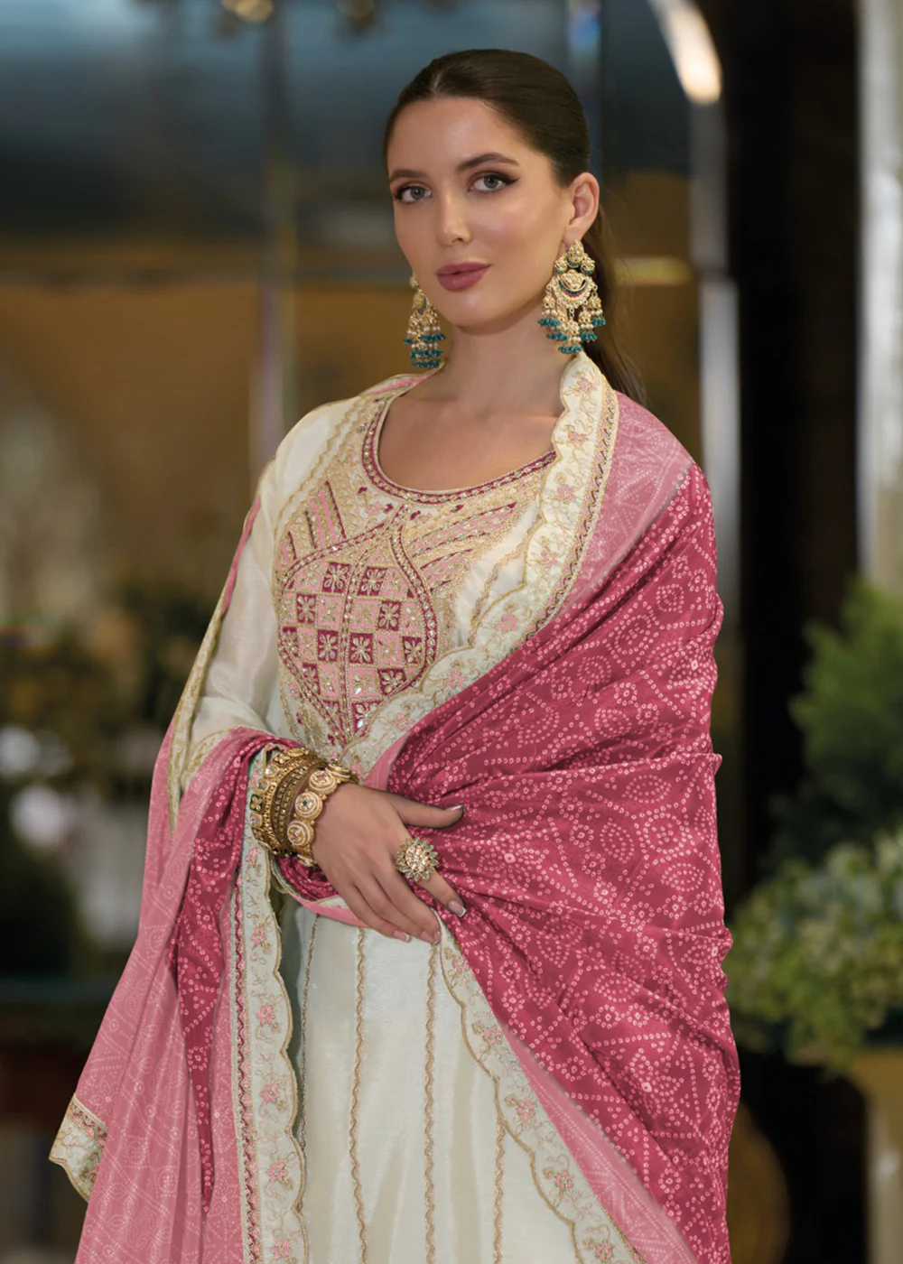 Festive Style White & Pink Embroidered Palazzo Suit - Image 2