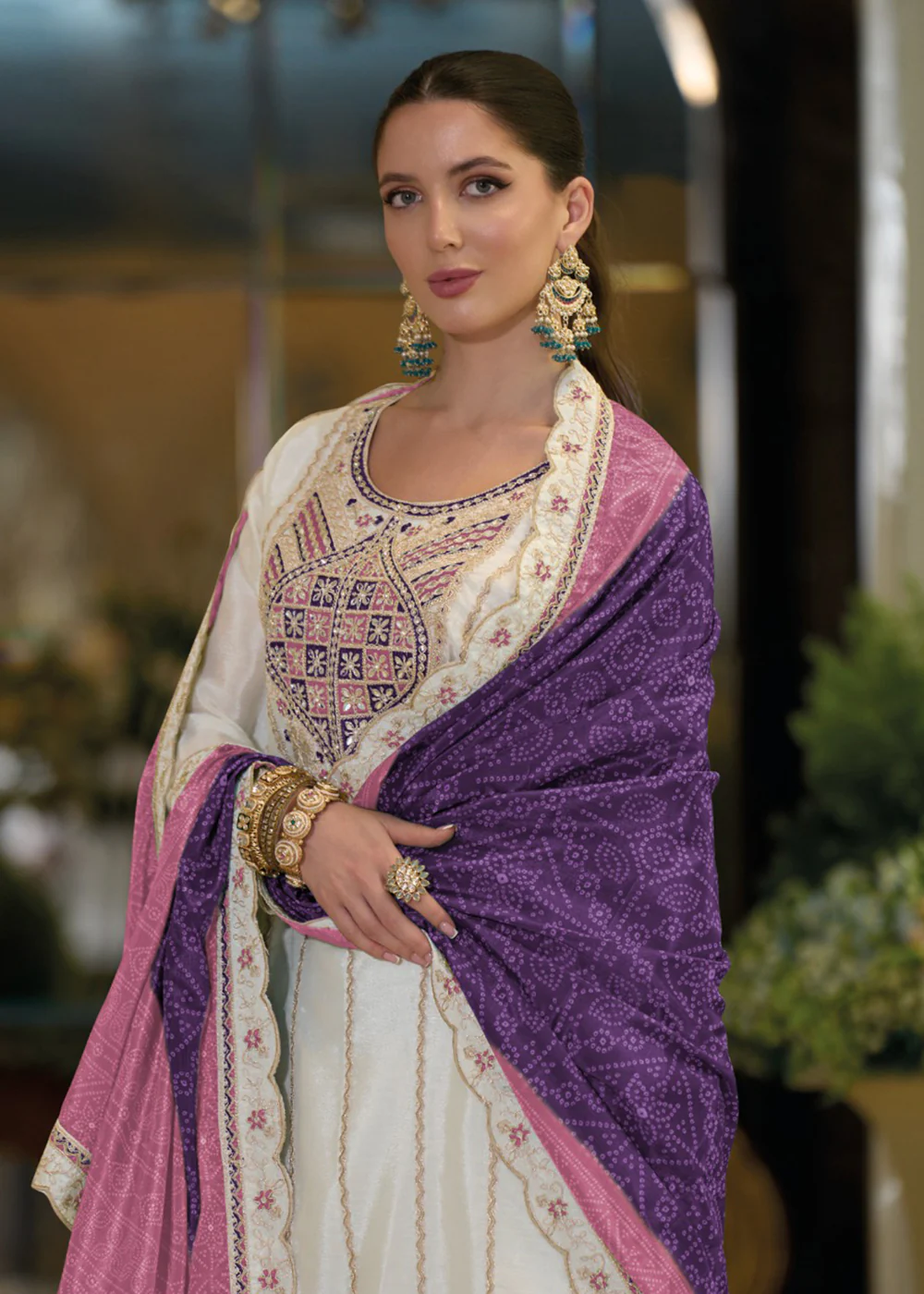 Festive Style White & Purple Embroidered Palazzo Suit - Image 2