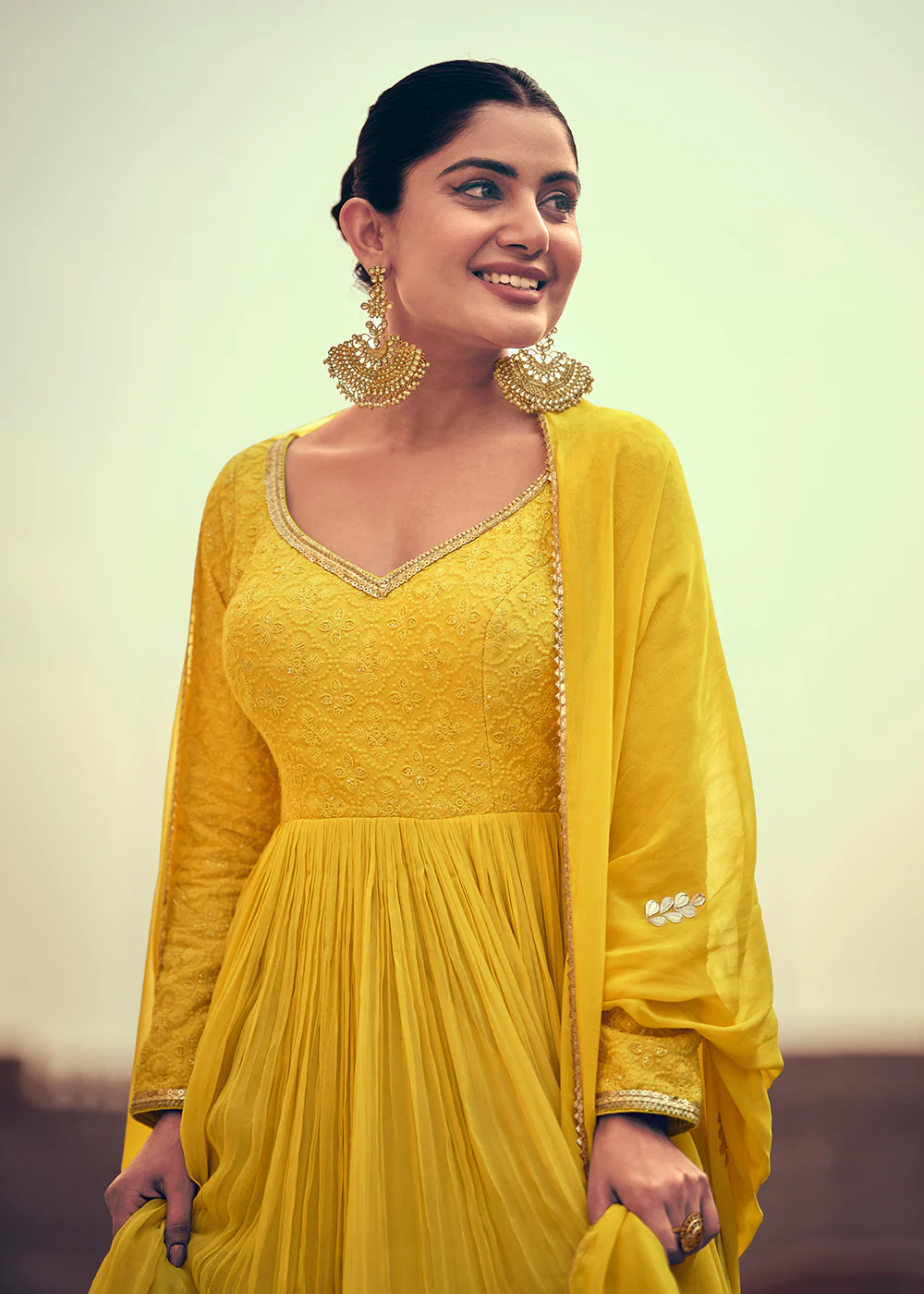 Festive Style Yellow Embroidered Georgette Anarkali Suit - Image 2
