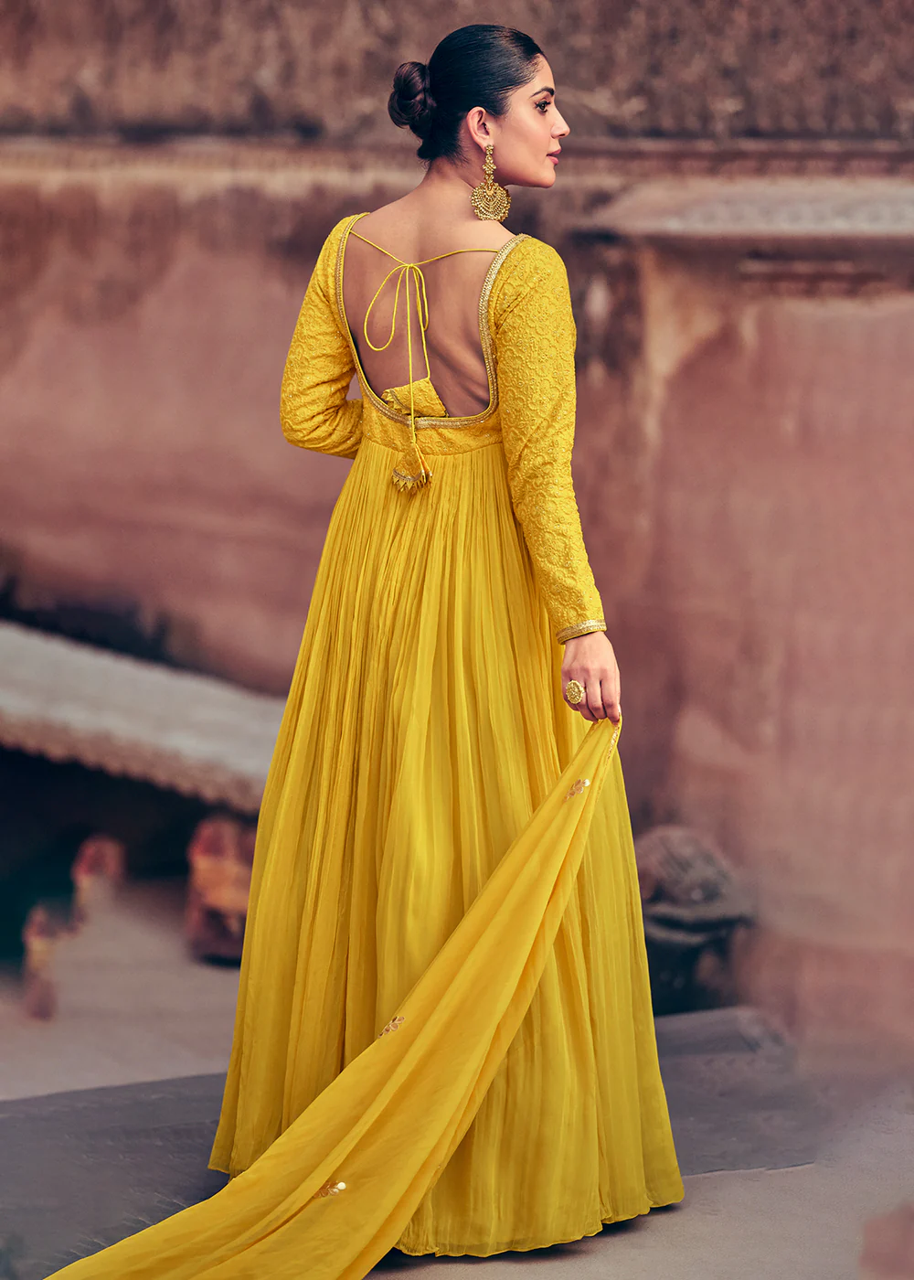 Festive Style Yellow Embroidered Georgette Anarkali Suit - Image 3