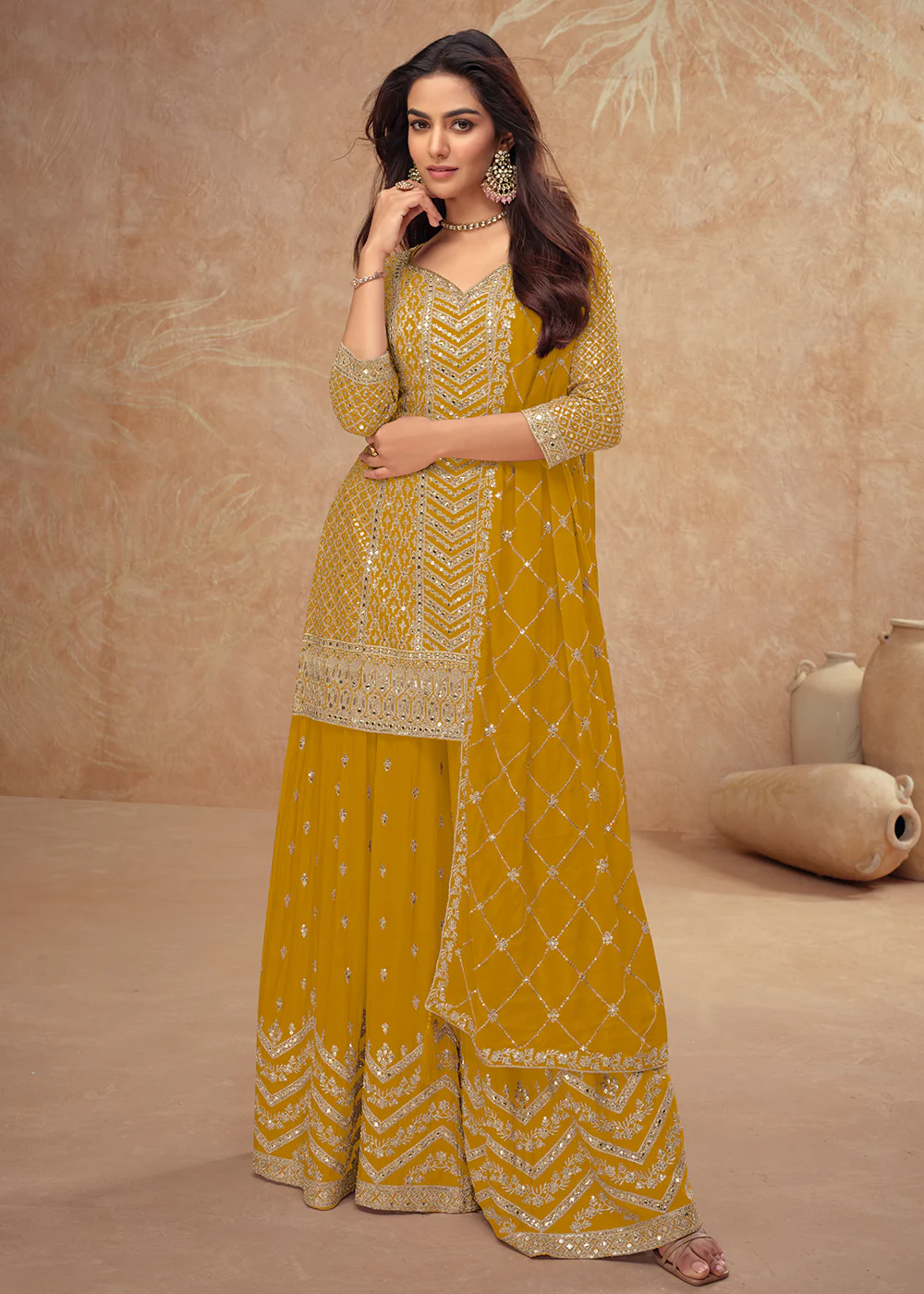 Festive Style Yellow Embroidered Palazzo Dress for Weddings