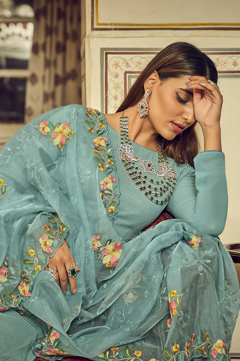 Festive Teal Blue Embroidered Designer Salwar Suit - Image 3