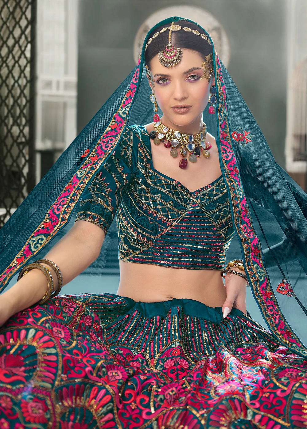 Festive Teal Blue Sequins Embroidered Wedding Trendy Lehenga - Image 2