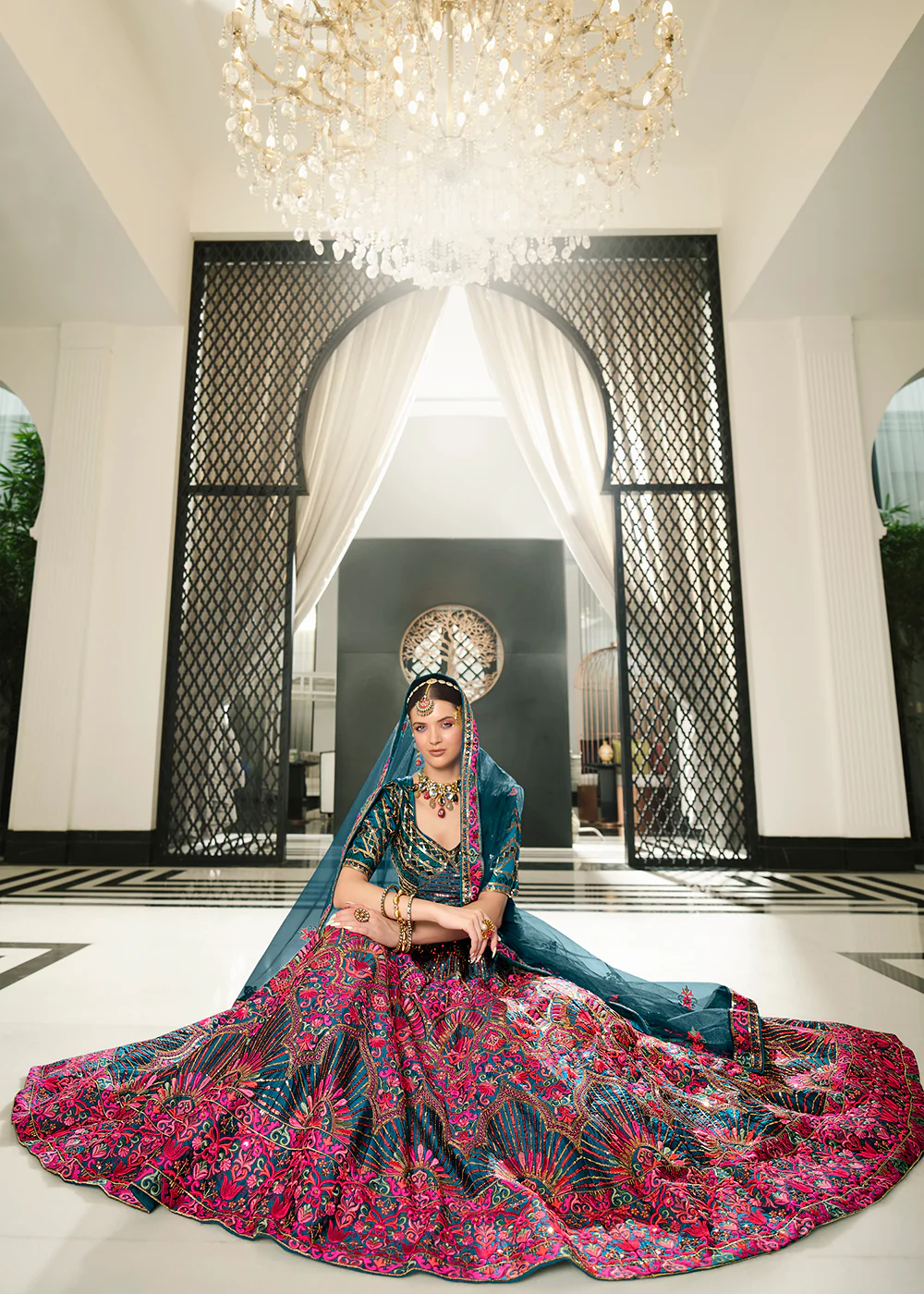 Festive Teal Blue Sequins Embroidered Wedding Trendy Lehenga - Image 3