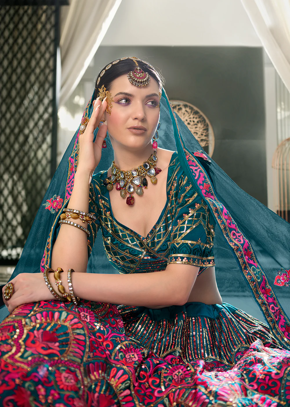 Festive Teal Blue Sequins Embroidered Wedding Trendy Lehenga - Image 4