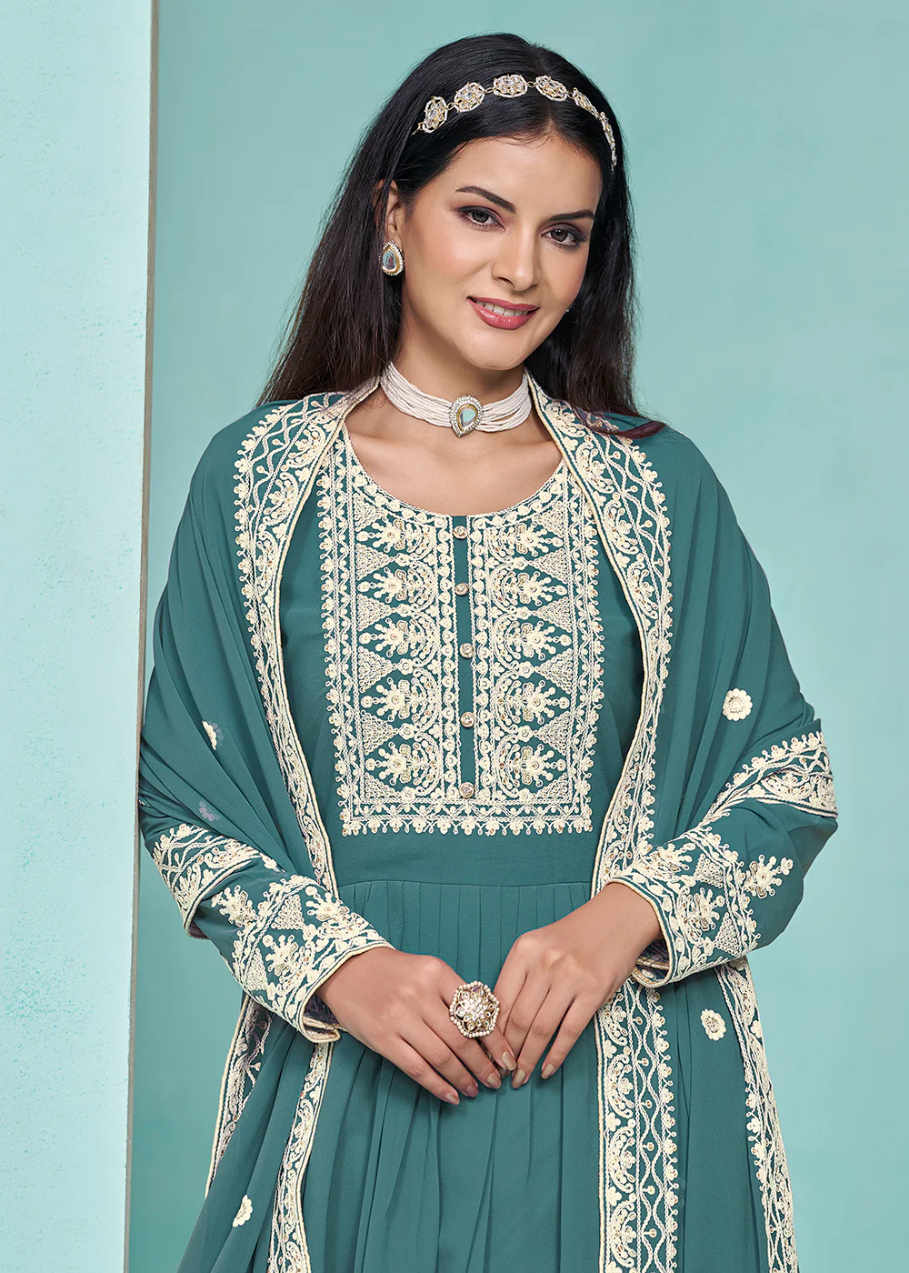 Festive Teal Faux Georgette Palazzo Style Suit - Image 2