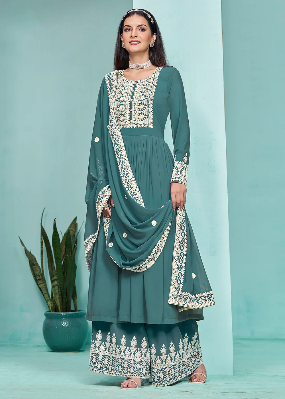 Festive Teal Faux Georgette Palazzo Style Suit - Image 3