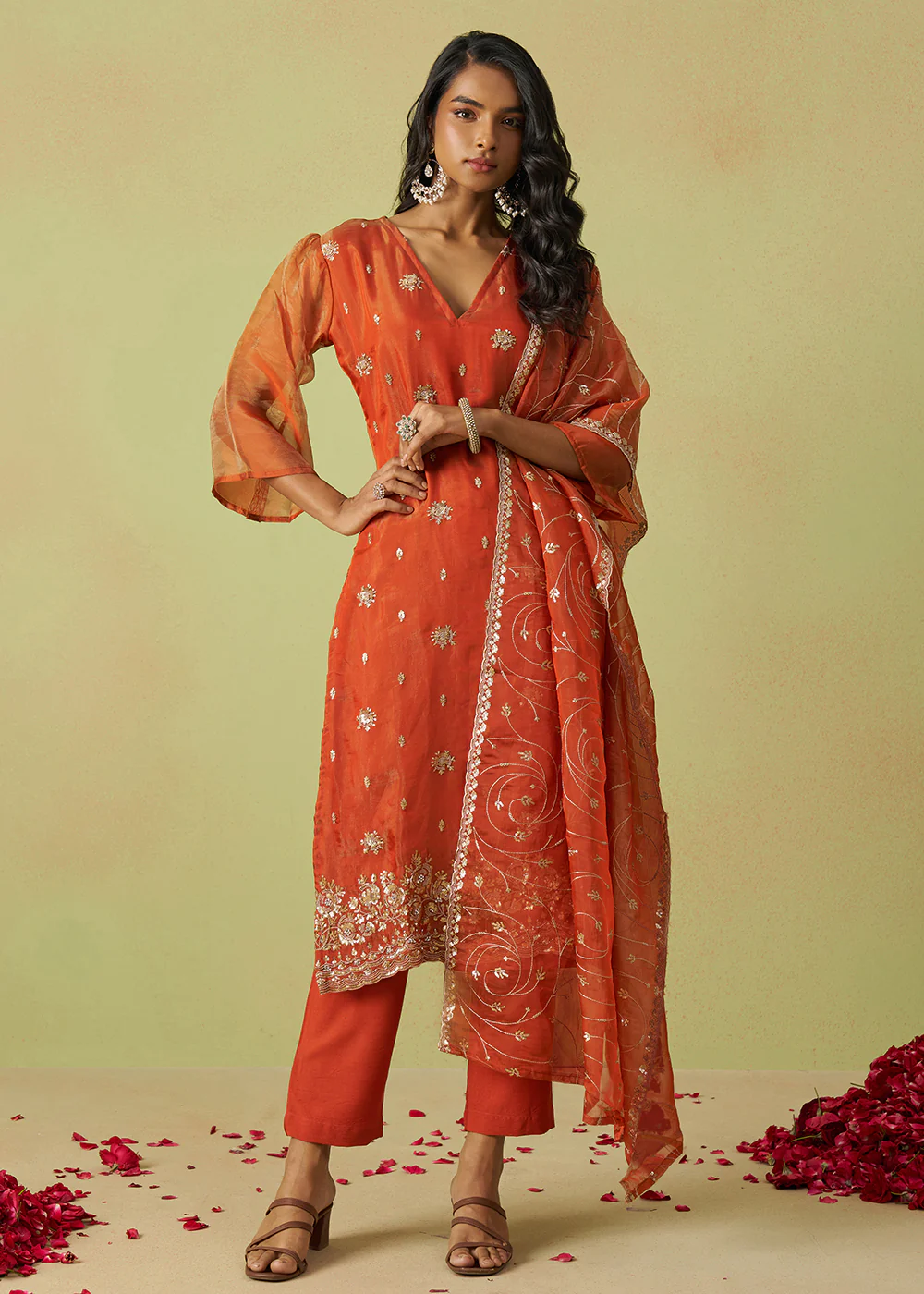 Festive Wear Orange Pure Shimmer Organza Salwar Suit