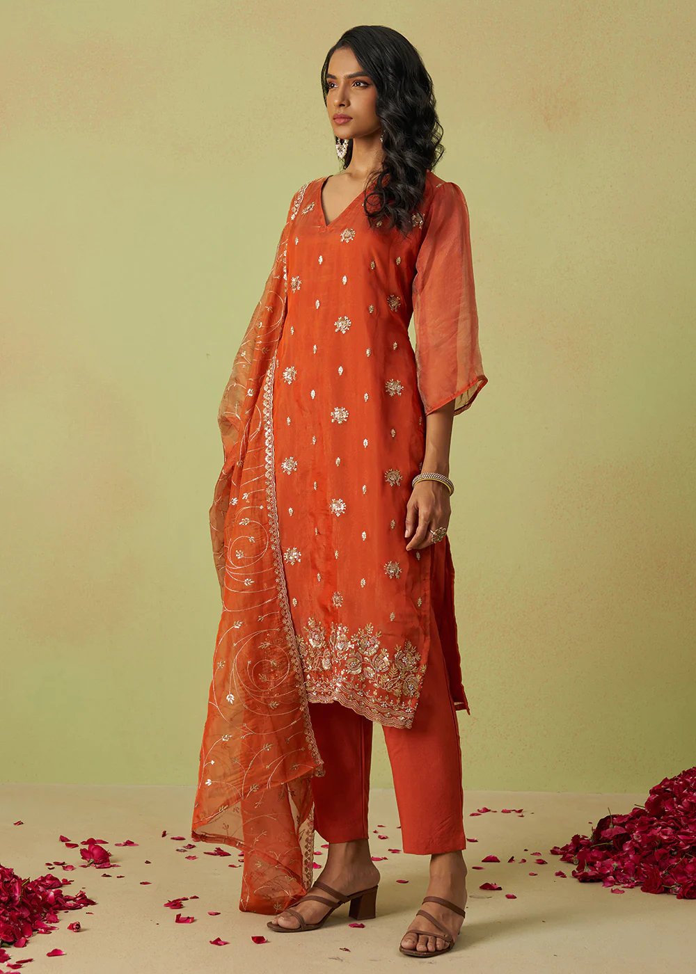 Festive Wear Orange Pure Shimmer Organza Salwar Suit - Image 6
