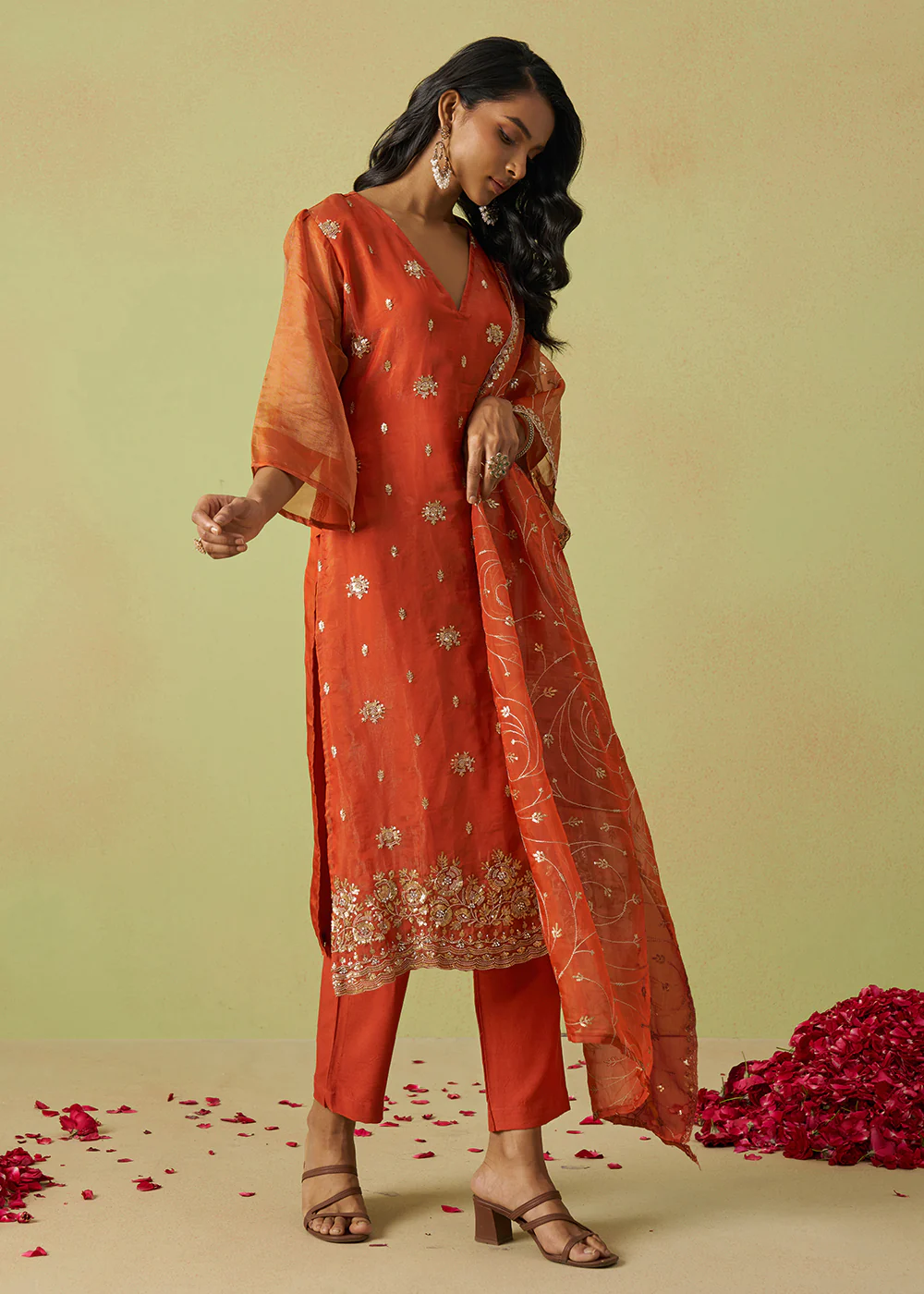 Festive Wear Orange Pure Shimmer Organza Salwar Suit - Image 7