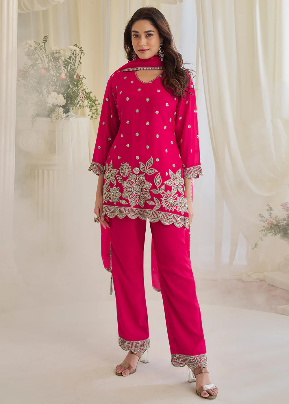 Festive Wear Rani Pink Chinnon Trouser Style Suit