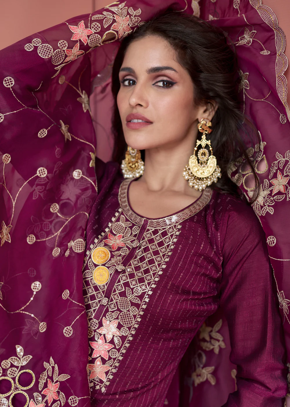 Festive Wine Embroidered Premium Silk Palazzo Suit - Image 2