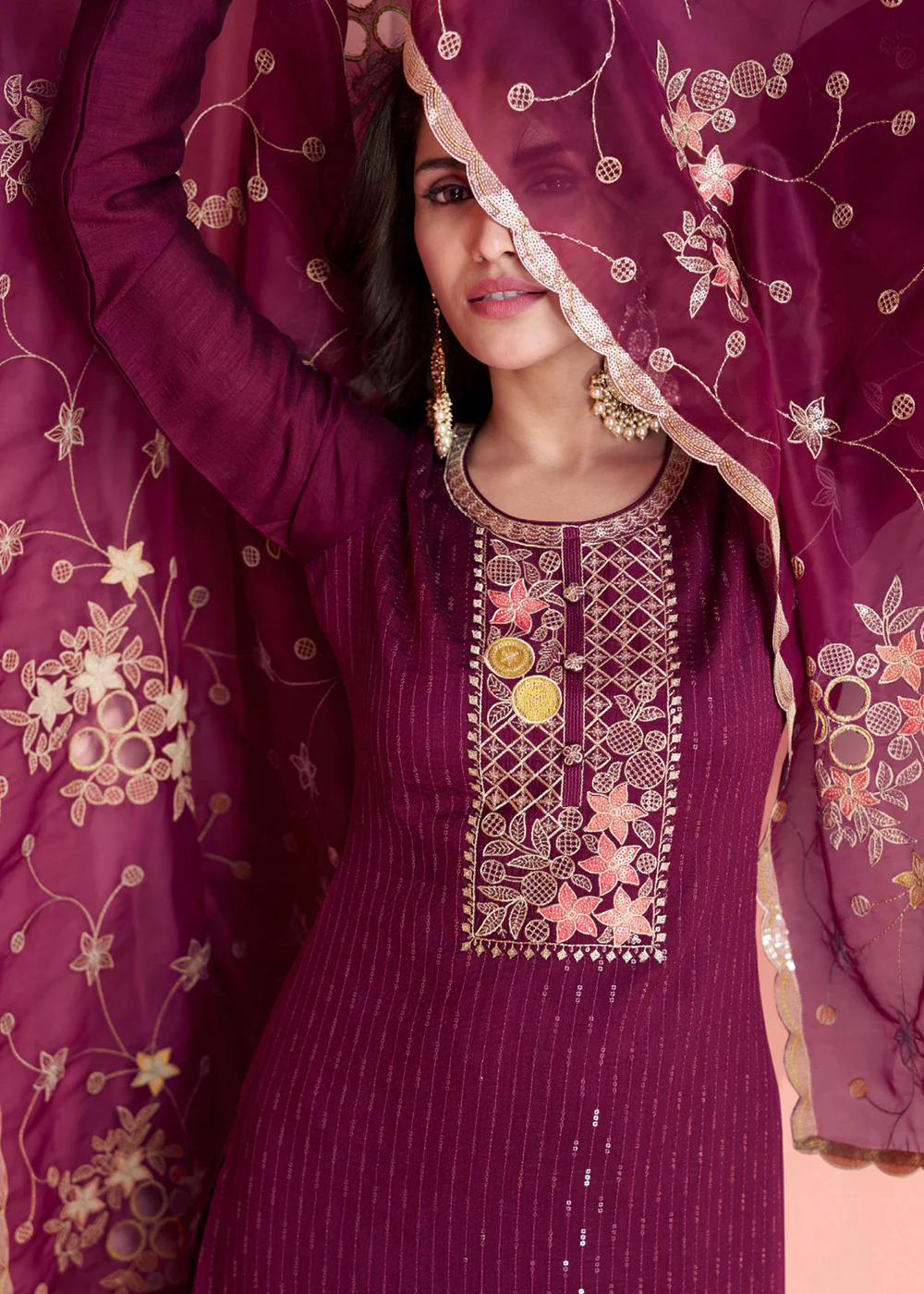 Festive Wine Embroidered Premium Silk Palazzo Suit - Image 3
