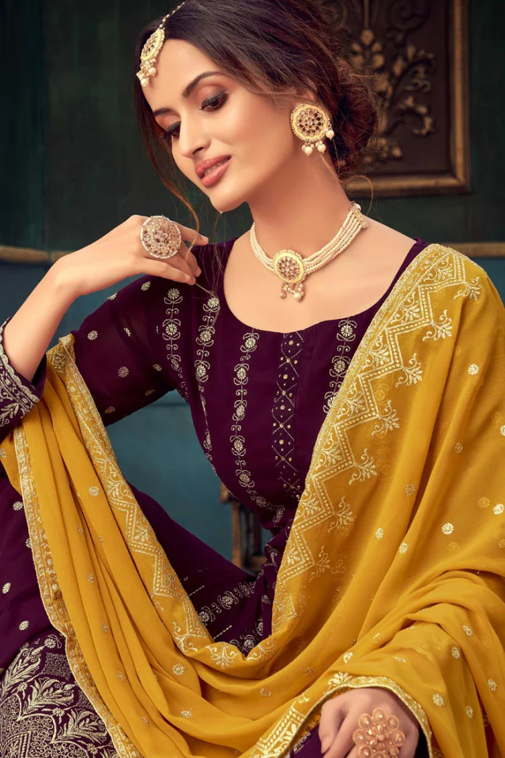 Festive Wine Faux Georgette Pakistani Sharara Suit - Image 2